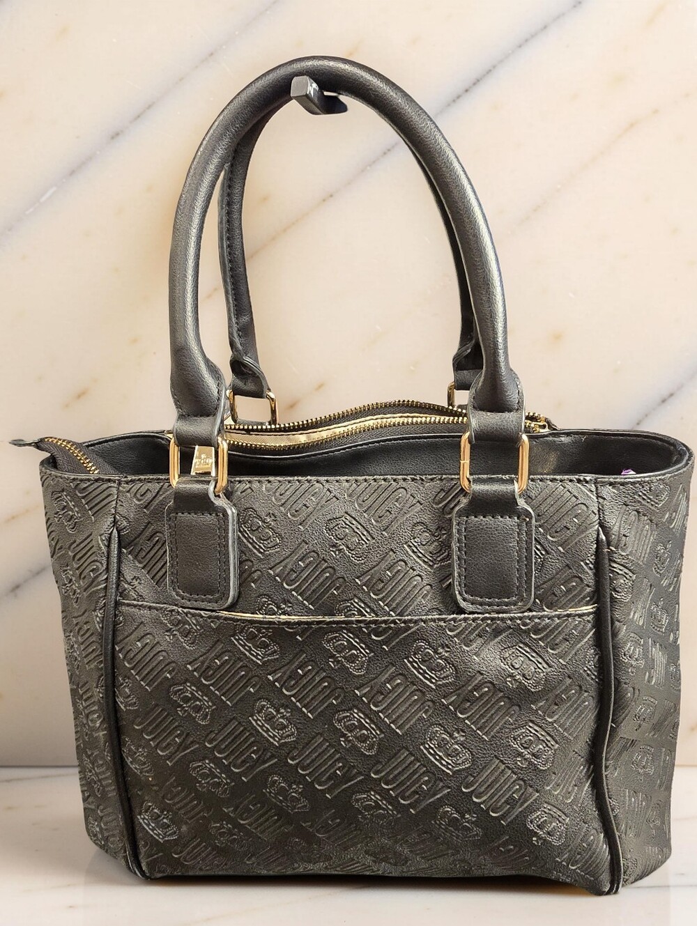 Juicy Couture Fame Satchel Black Debossed Monogram Speedy Bag - Picture 5 of 13